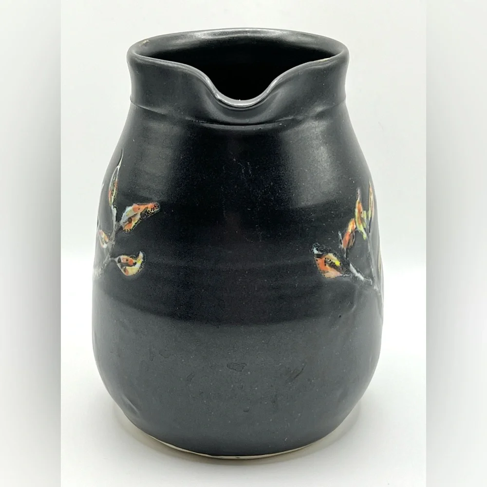 Studio Art Pottery Ceramic Black Pitcher Floral Design Heavy Decorative Vase 5.5